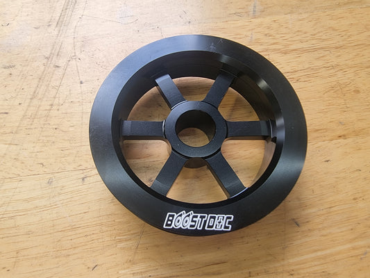 LS Alternator underdrive pulley, helps with belt squeal and throwing belts.
TE37 design for JDM impact. 
