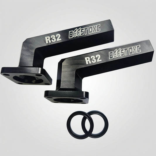 R32 skyline billet heater core outlets. fits heater core matrix for new AN10 braided and rubber coolant hoses. 