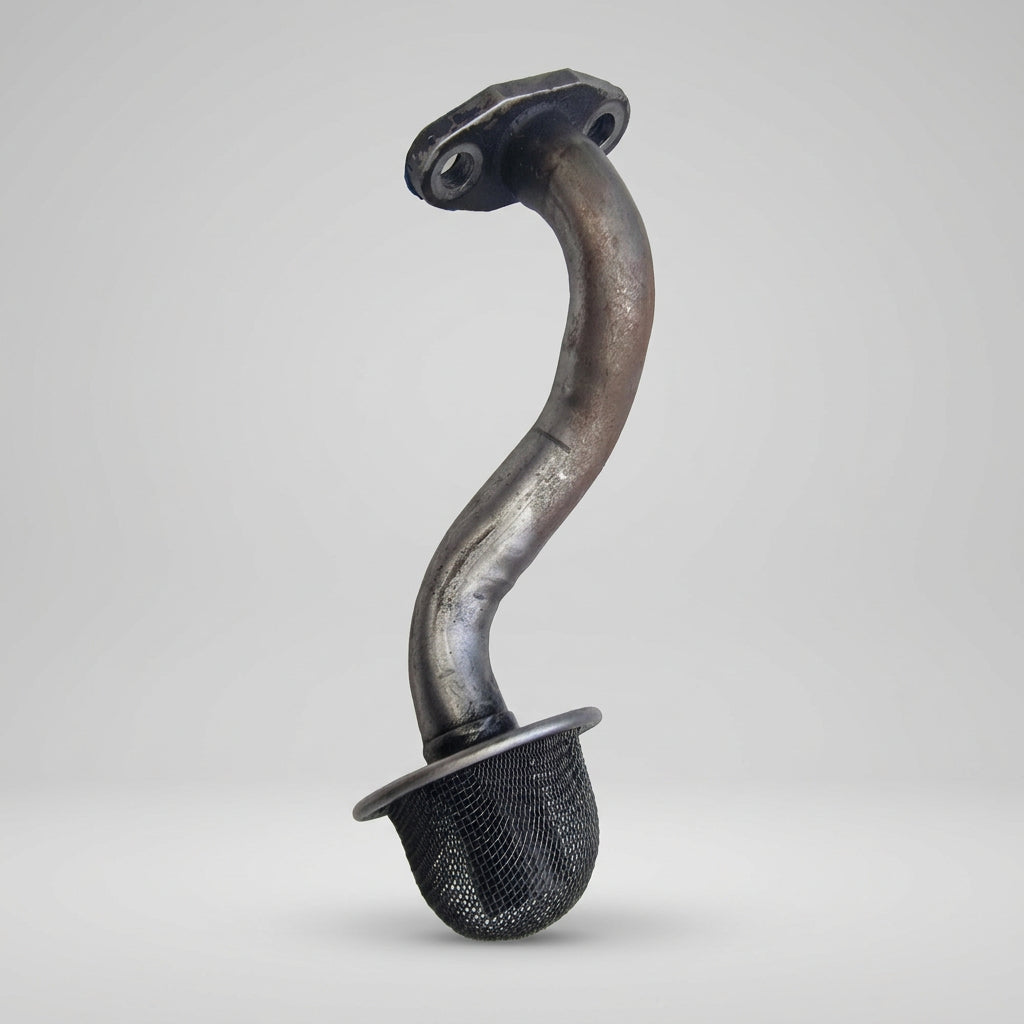 A used oil pick up tube with a metallic finish and an attached filter, intended for use with RB25, Neo, and RB30 vehicles skyline replacement parts genuine oem nissan part
