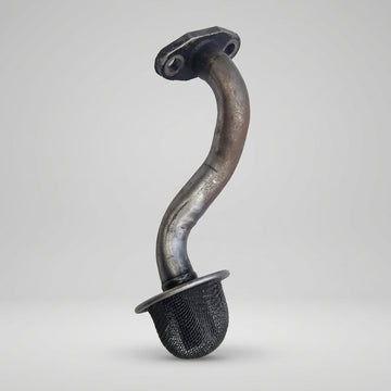 A used oil pick up tube with a metallic finish and an attached filter, intended for use with RB25, Neo, and RB30 vehicles skyline replacement parts genuine oem nissan part