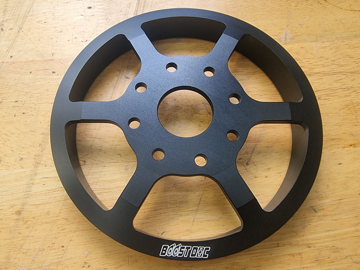 RB water pump under drive pulley, fits ATI, Ross, fluidamper harmonic balancers.
TE37 design, cnc billet. light weight.