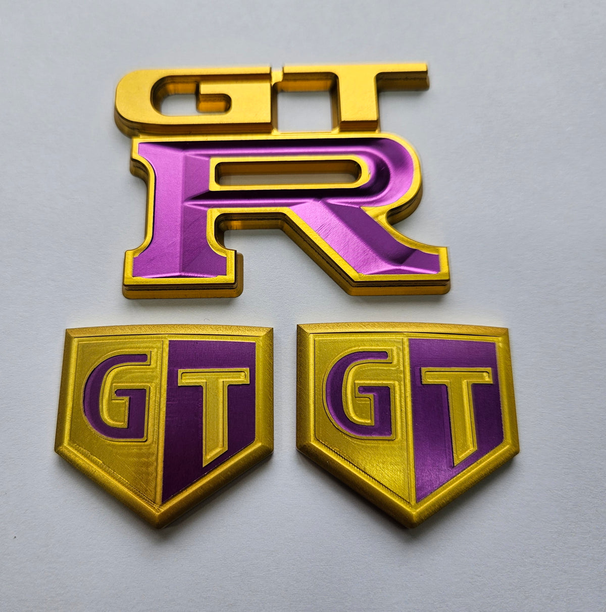 Upgrade Nissan GTR Skyline Billet and Titanium Badges gold purple