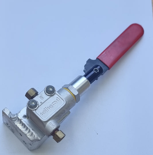 A Wilwood brake bias adjuster with a lever control proportioning valve, featuring a silver alloy bracket and a red handle.