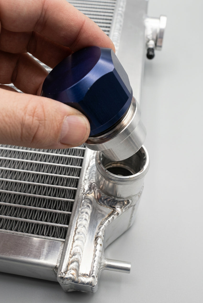 billet alloy cnc an16 radiator press fit hose fitting bung plug nipple connected to radiator + installation